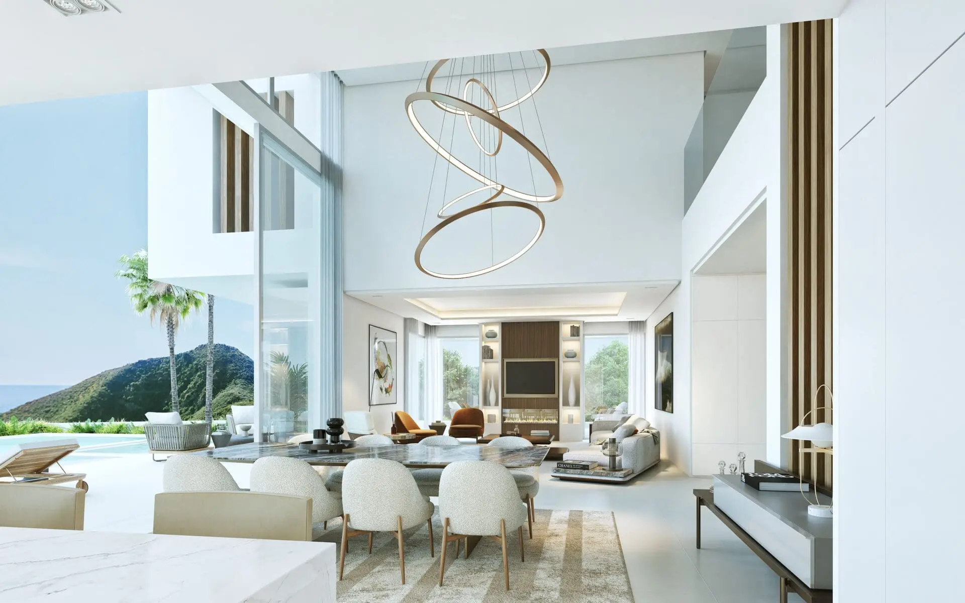 Flawlessly painted modern luxury living room interior with warm lighting