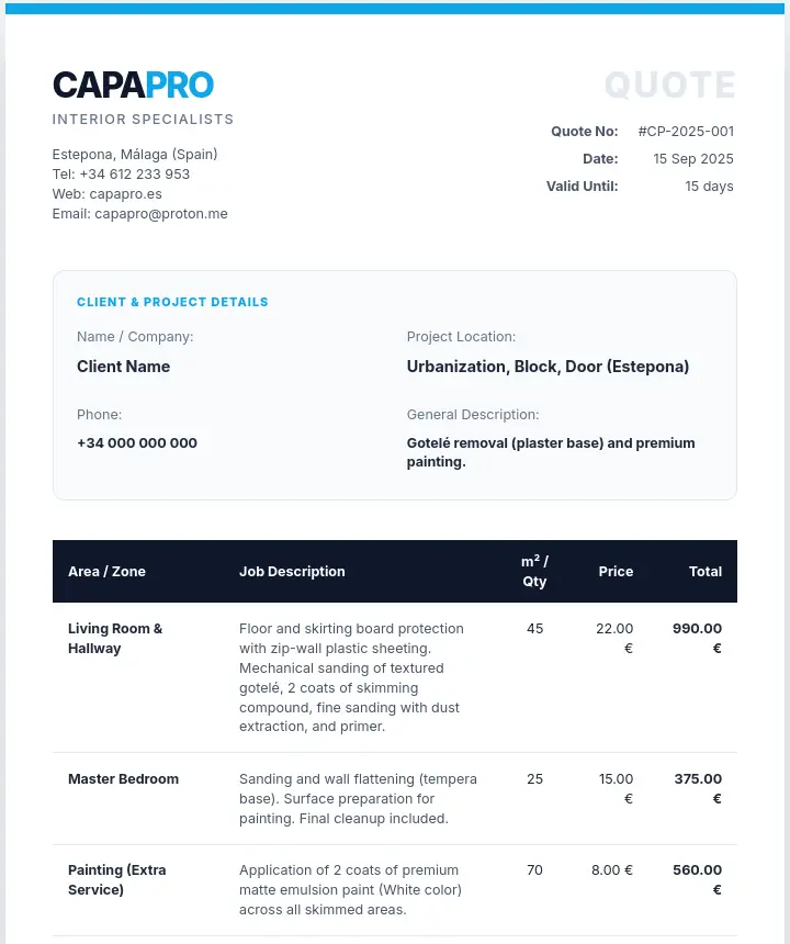 Example of a clear written quote from CapaPro