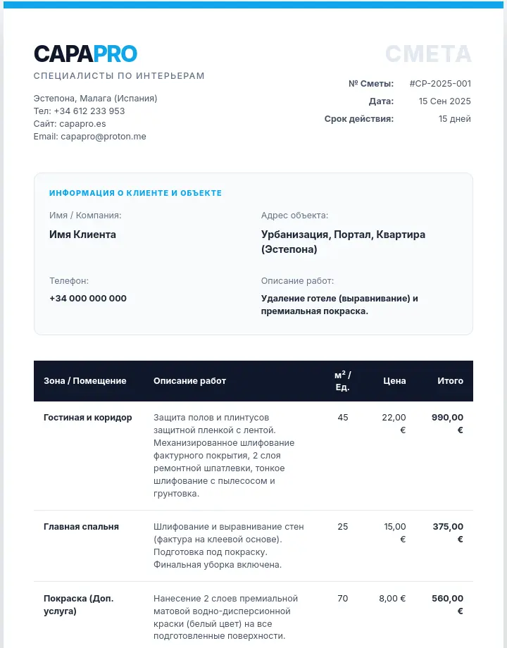 Пример детальной сметы от CapaPro в PDF