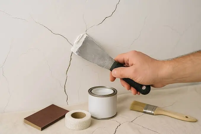Pintor profesional reparando grietas y agujeros con masilla en paredes