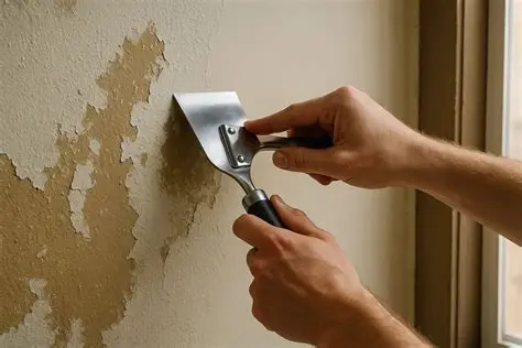 Profesional saneando y abriendo una grieta antes de aplicar el tratamiento en la pared